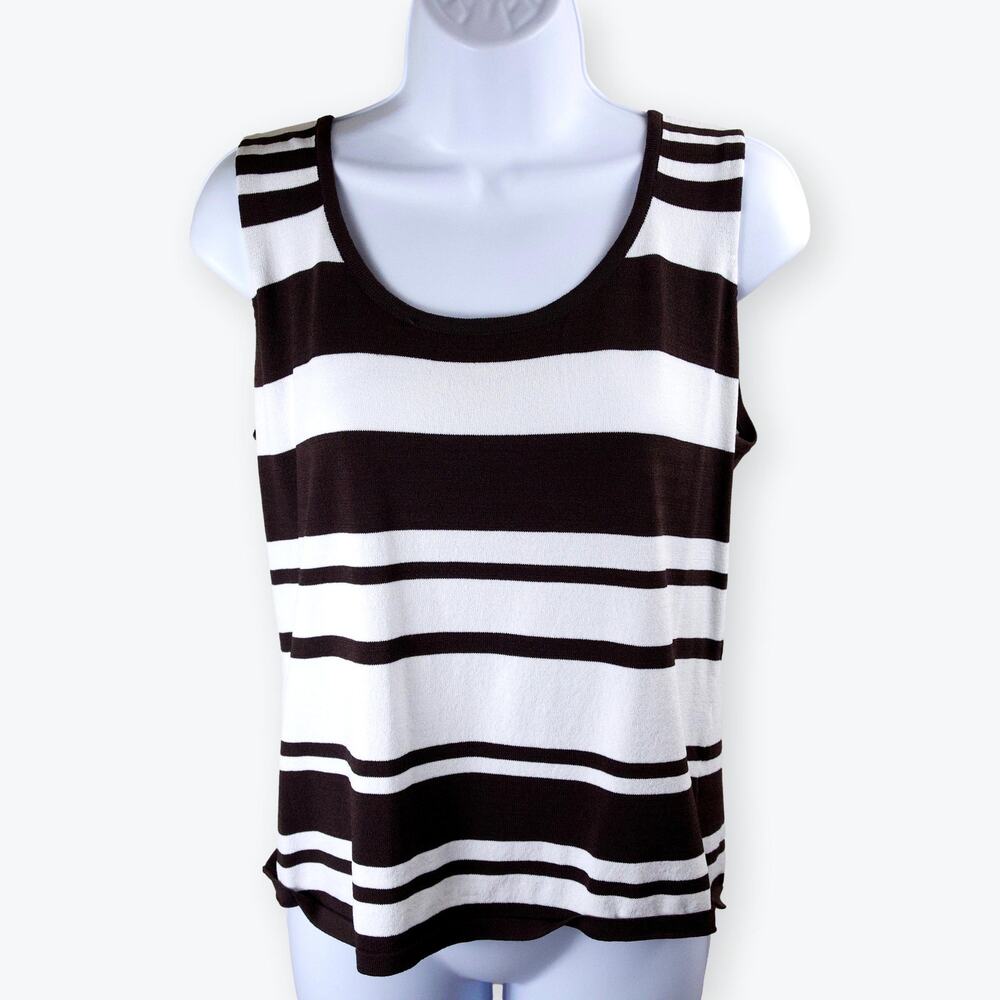 Liz Claiborne Sleeveless Brown White Striped Knit Tank Shirt Top Size 12